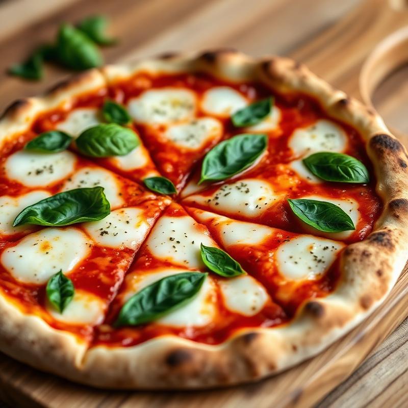 A freshly baked margherita pizza with melted mozzarella and fresh basil on a wooden board.