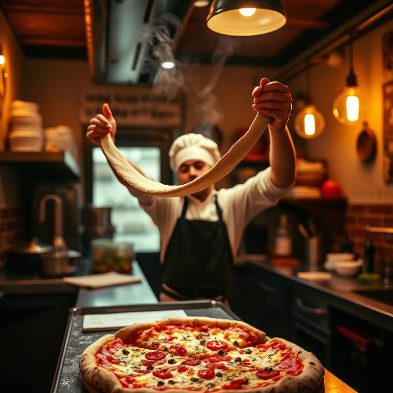 A pizza chef stretching fresh dough in a rustic Italian pizzeria kitchen.