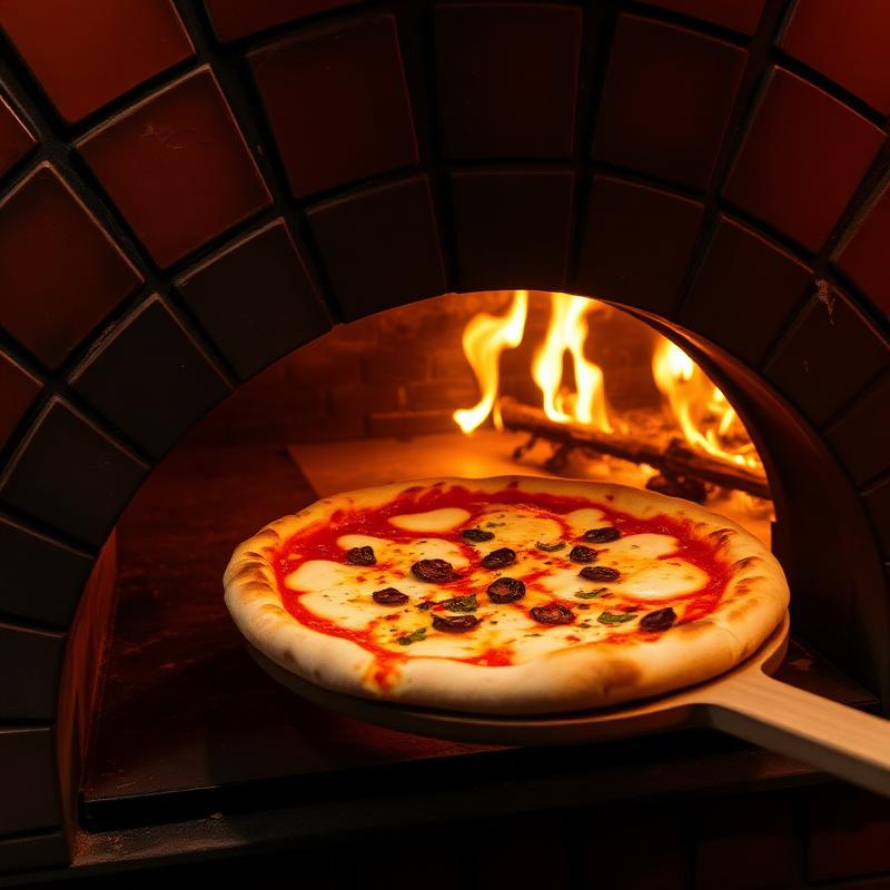 A pizza being slid into a wood-fired oven with flames glowing inside.
