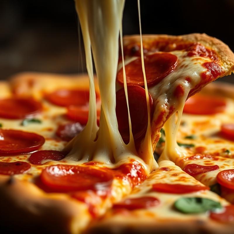 Close-up of a pepperoni pizza slice being pulled with stretchy melted cheese.