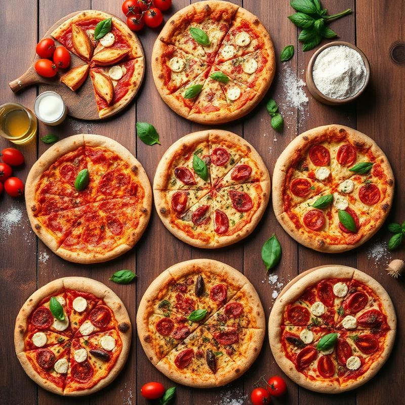 An assorted spread of gourmet pizzas on a rustic wooden table with fresh ingredients.